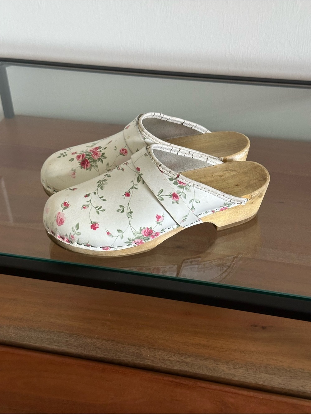 Simson Dutch Fleuriste Clogs 38 White Leather Pink Rose Floral Wooden Vintage